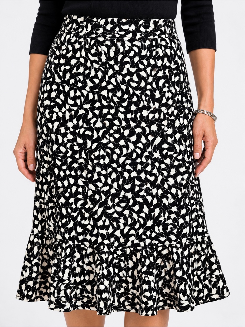Sigrid Olsen XL Black Ivory Pull-On Flounce Midi Skirt 60s Mod Op Art Office